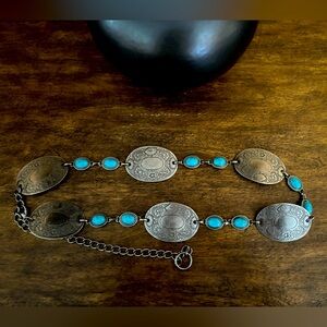 Women’s, gently worn, chain style belt, silver and turquoise, one size fits all.
